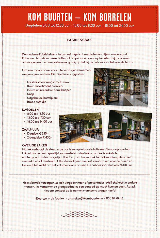Fragment uit flyer tekst en beeld i.o.v. restaurant Buurten in de Fabriek.